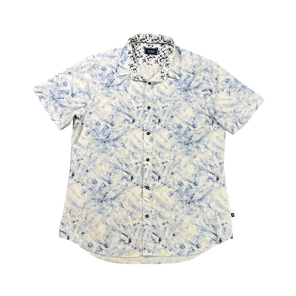 7Diamonds Men's Large Blue White‎ Abstract Watercolor 4-Way Stretch S/S Shirt
